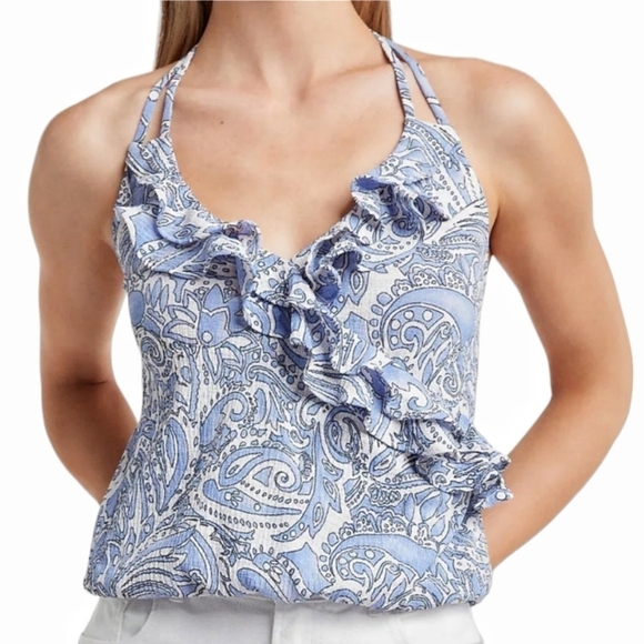 Express - Paisley Print Halter Neck Ruffle Top - Picture 1 of 16